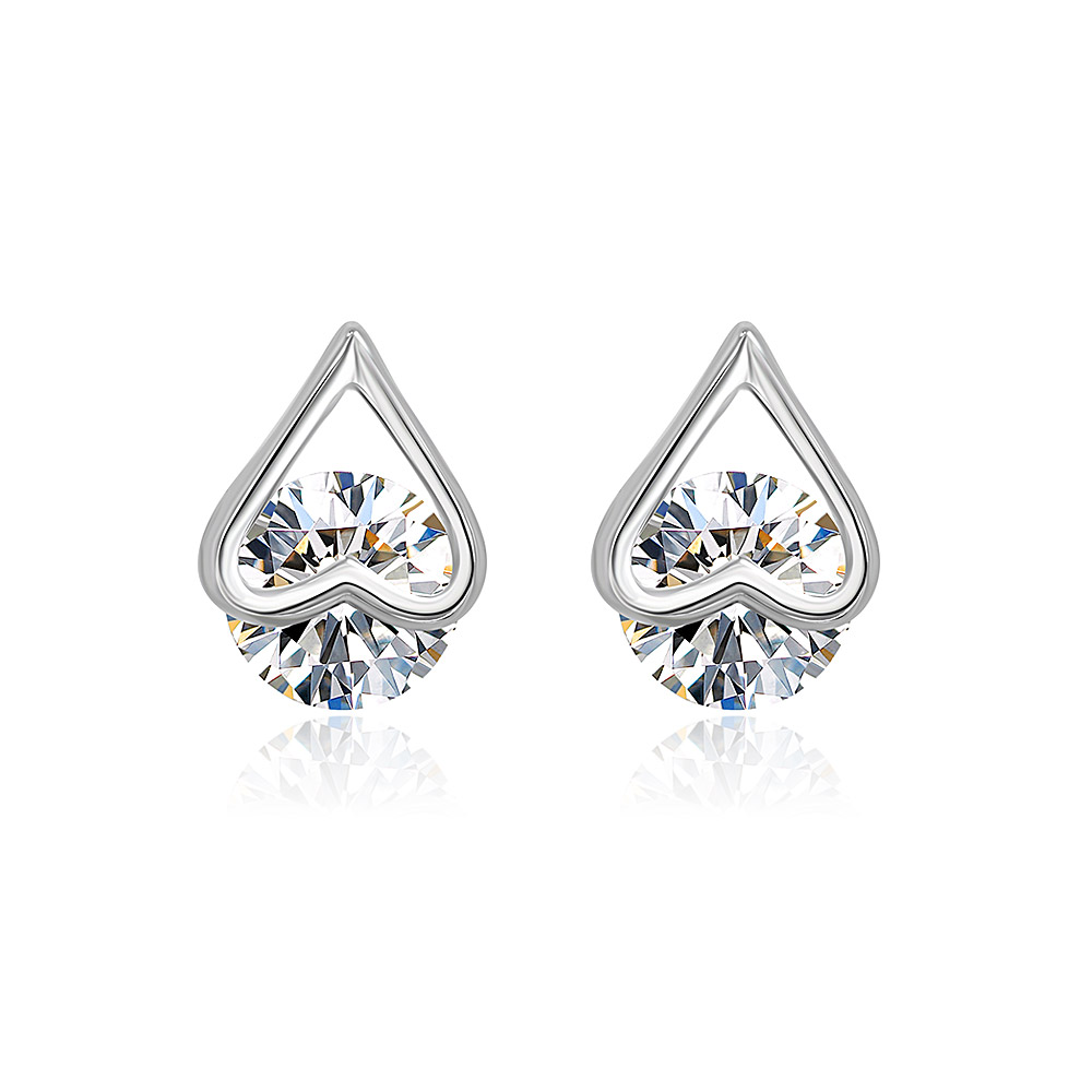 Silver Heart Ear Studs with Single CZ Stone